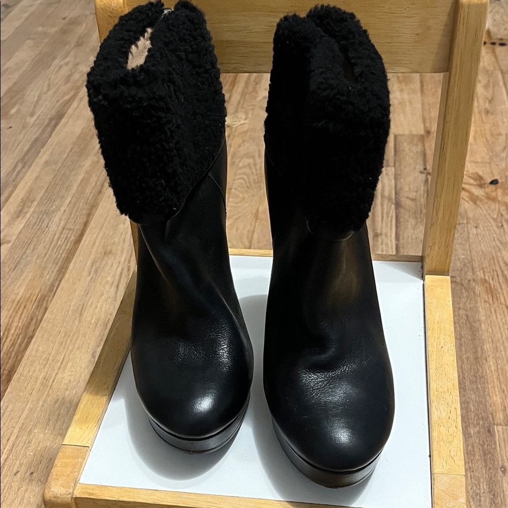 Coach Black Faux-Shearling Cuff Heeled Ankle Boots